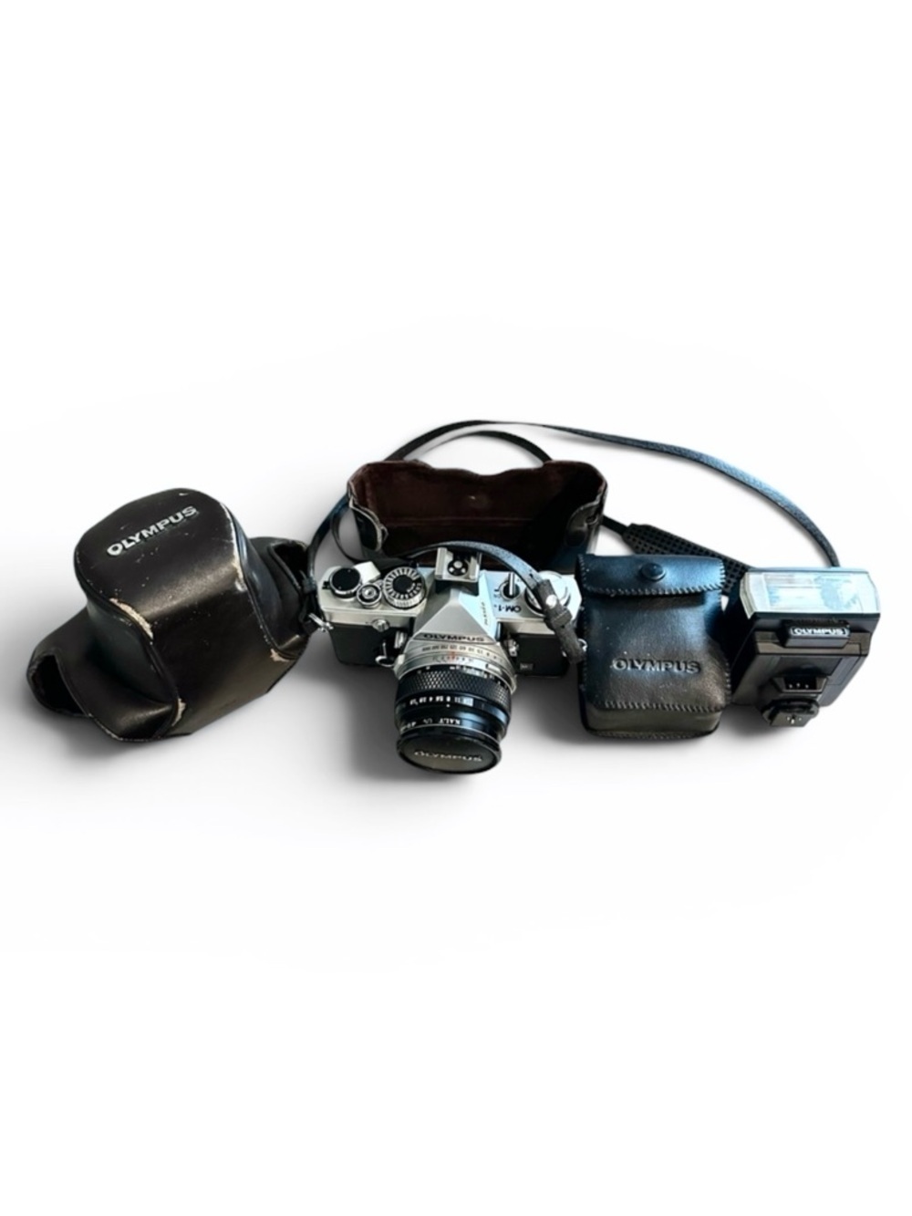 Vintage Olympus OM-1 35mm Photography Camera with Flash Attachment and Cases